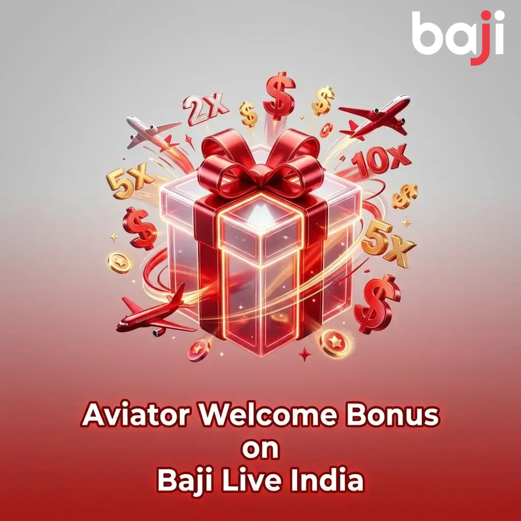 Baji Live Aviator welcome bonus with 100% match deposit, ₹177 app bonus, and 27 free spins for new players