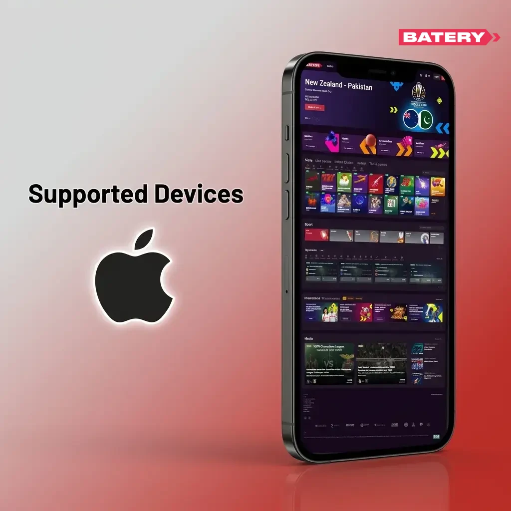 List of Apple devices compatible with Batery Aviator app, including iPhone SE to iPhone 15 and iPad models running iOS 12 or later