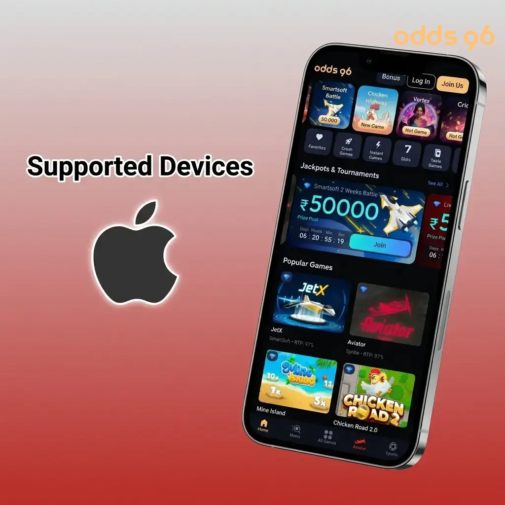 Apple devices supported by Odds96 app including iPhone SE to iPhone 15 Pro and iPad models running iOS 12 or later