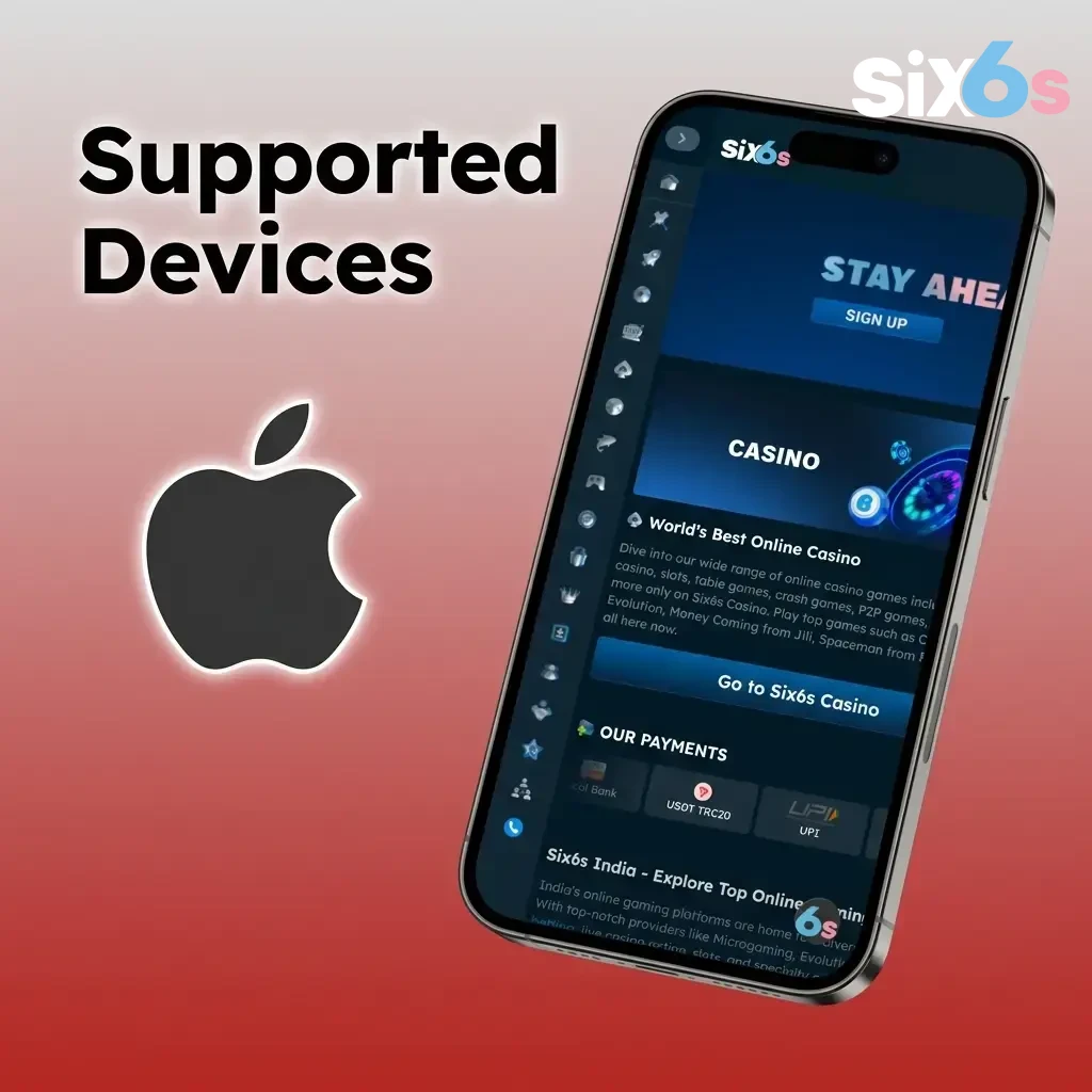 List of supported Apple devices for Six6s Aviator PWA app including iPhone SE to iPhone 15 and iPad models running iOS 12+